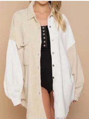 POL two-tone cream blue white corduroy oversized shirt shacket spring summer